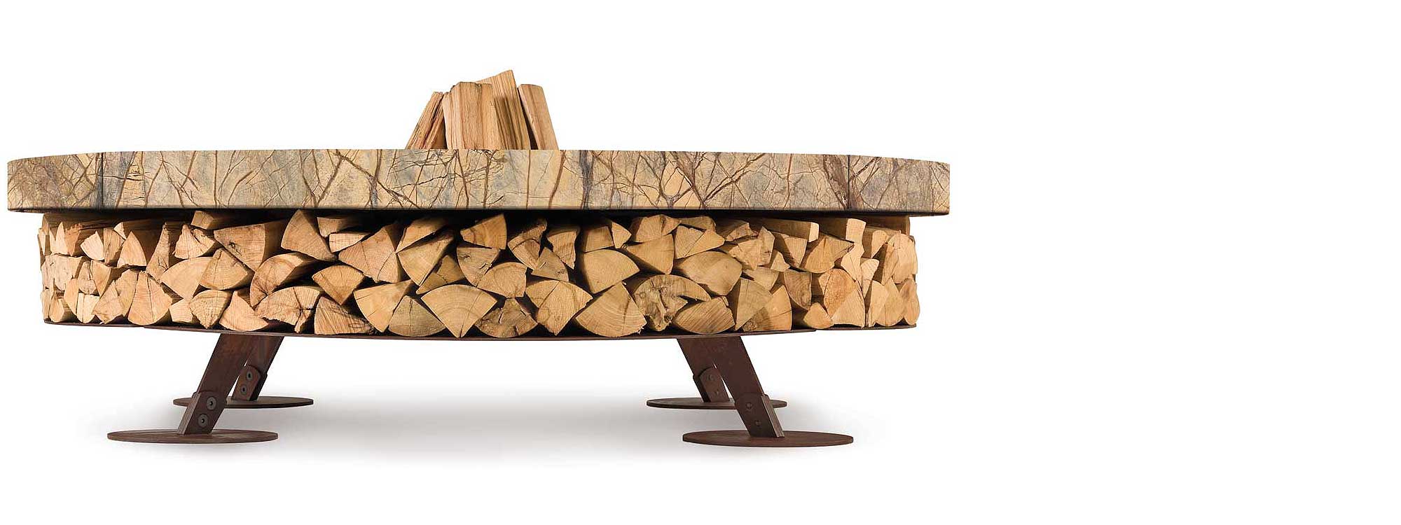 Image of side view of Ercole fire pit with rain forest brown marble surround and built-in log storage by AK47 Design
