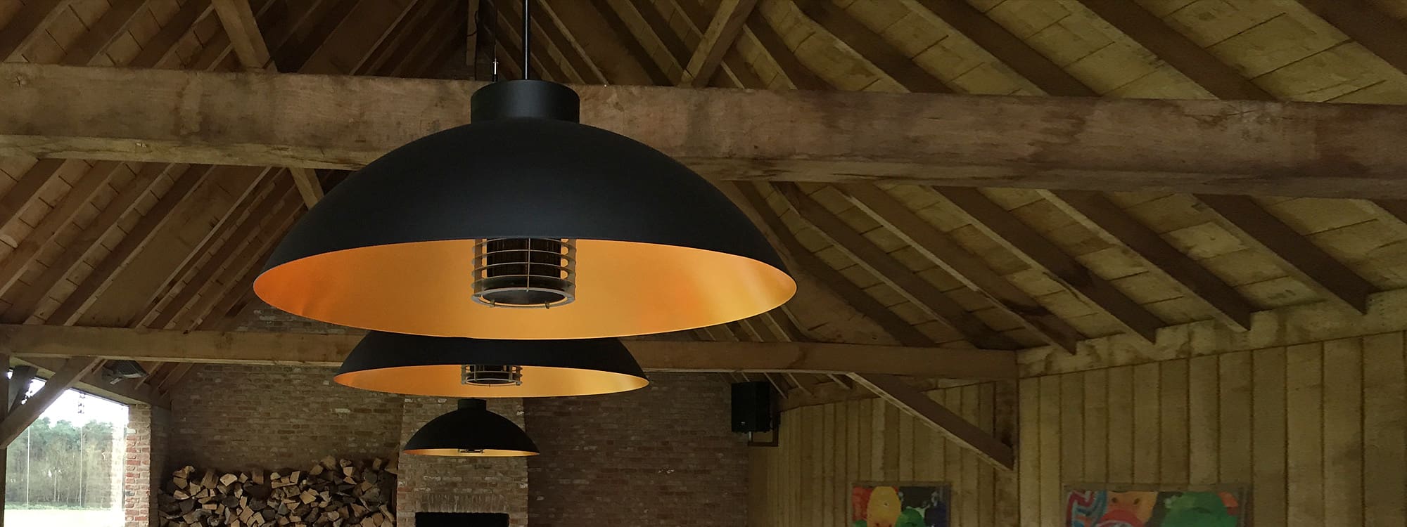 Image of black Heatsail Dome Pendant ceiling heaters in oak framed summer house