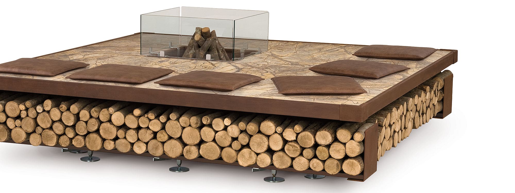 Studio image of AK47 Opera fire pit with top surround in Rain Forest Brown marble and Vintage steel finish