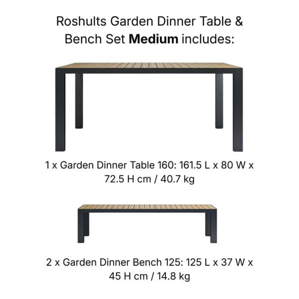 Studio images of Roshults Garden Dinner table bench medium configuration