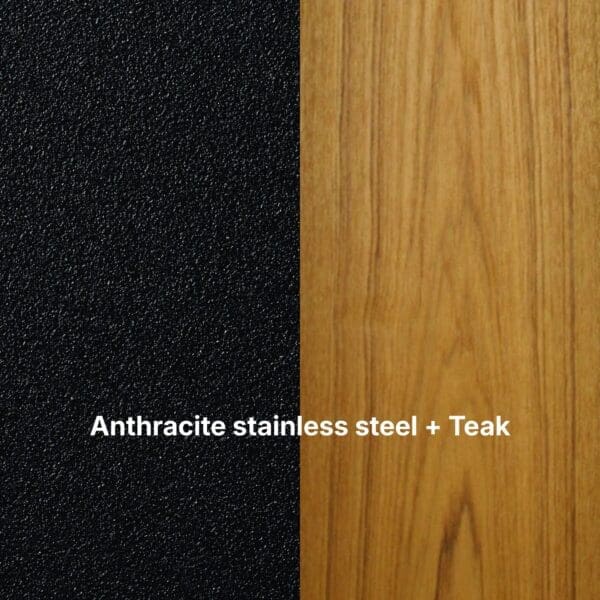 Image of teak and anthracite stainless steel combination used for Roshults furniture