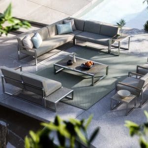 Image of Royal Botania Ninix Lounge modern stainless steel garden corner sofa and easy chairs with ceramic side tables