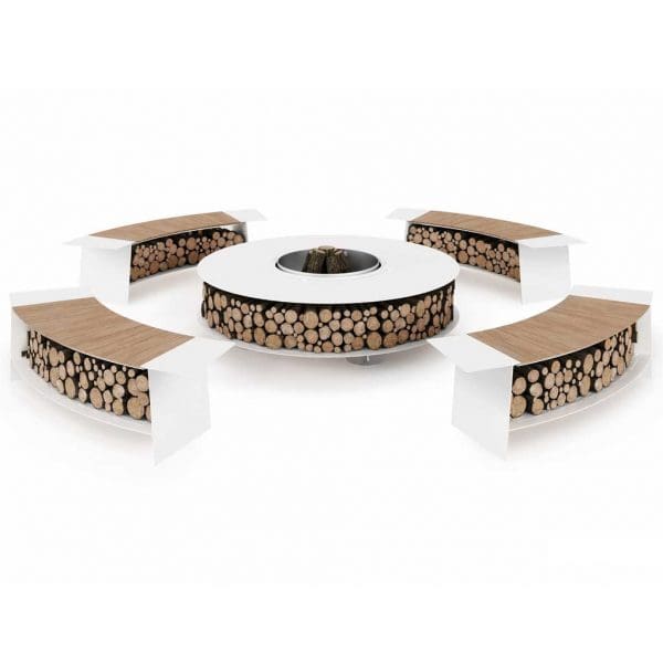Studio image of white Tobia benches with teak seats around white Zero circular fire pit by AK47 Design, Italy