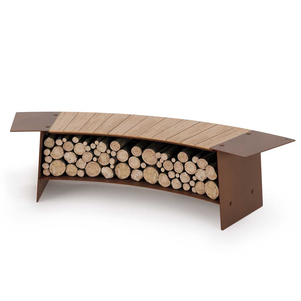 Studio image of Tobia curved garden bench in corten steel and teak, filled with logs beneath, by AK47