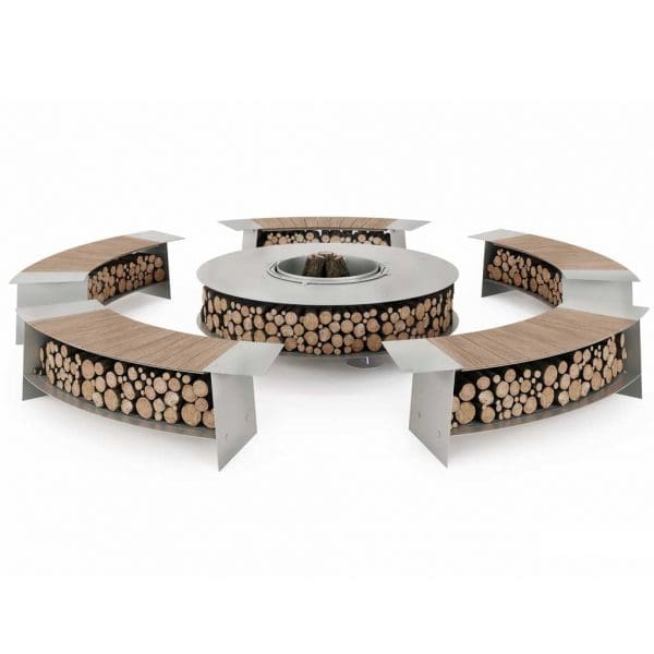 Studio image of AK47 Tobia benches in brushed stainless steel and teak around Zero stainless steel fire pit