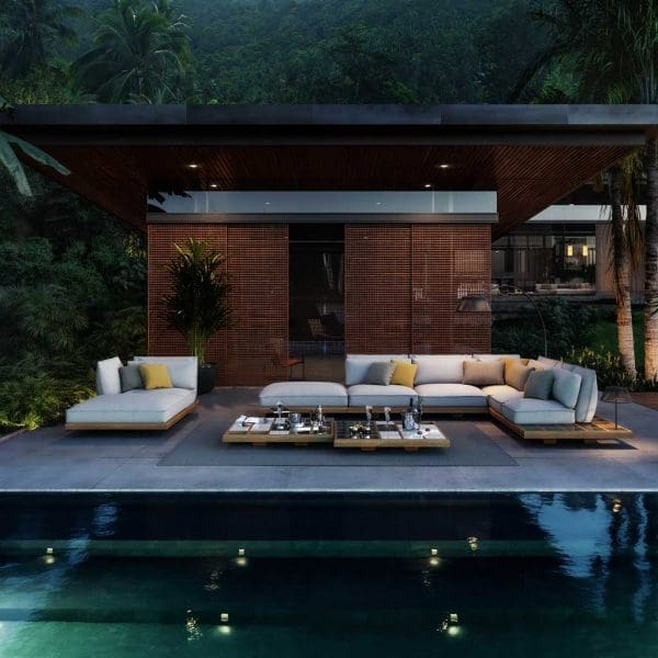 Image of Mozaix modern teak garden sofa beside tranquil swimming pool, with tropical planting and wooden screens in the background