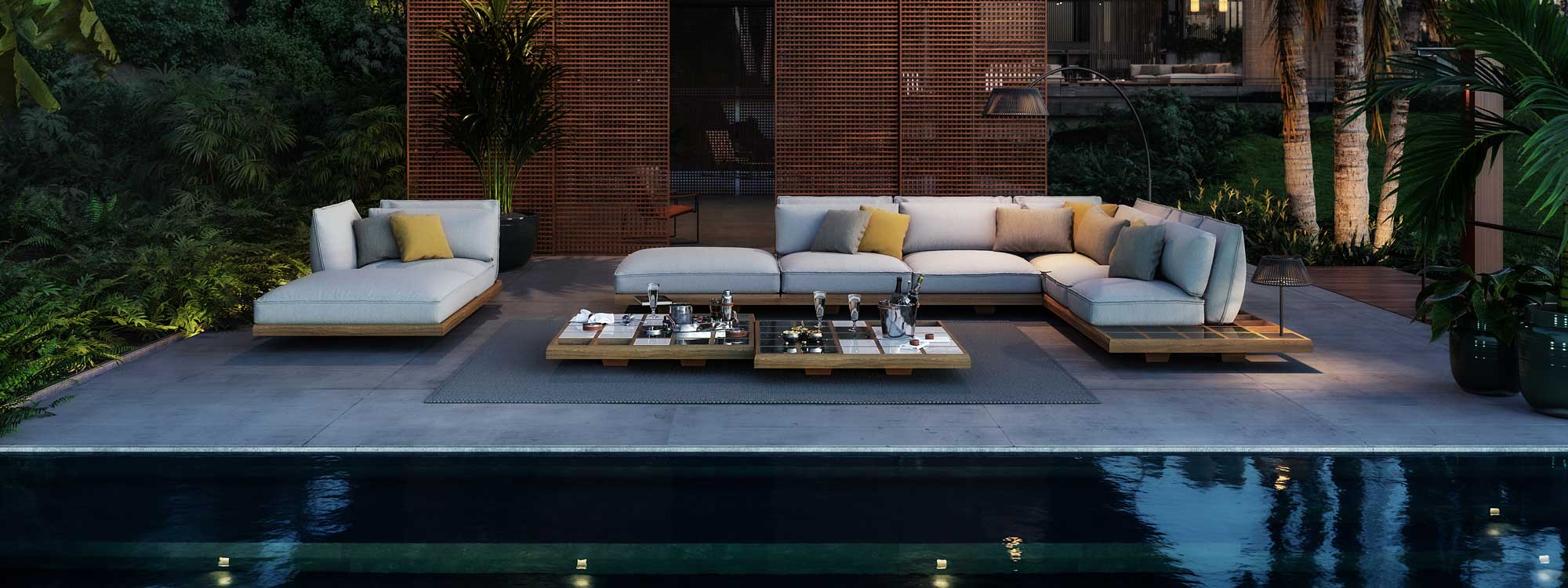 Image of Royal Botania Mozaix minimalist outdoor corner sofa and chaise longue on oriental terrace, with tranquil water feature in foreground and exotic plants and screening in the background