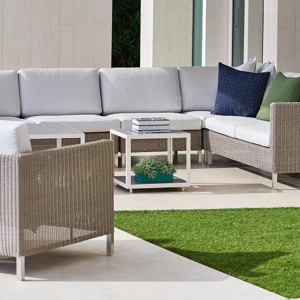 Image of Connect rattan corner sofa in Taupe Cane-line weave with white cushions