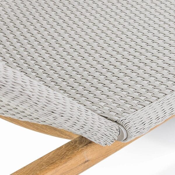 Image of detail of Shell luxury sun lounger's Batyline fibre and teak frame by FueraDentro