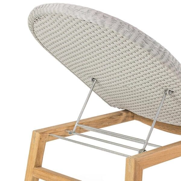 Studio image of detail of Shell minimalist sun lounger's adjustable backrest