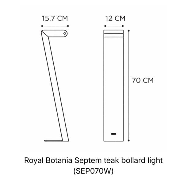 Line drawing with dimensions of Royal Botania Septem teak post light