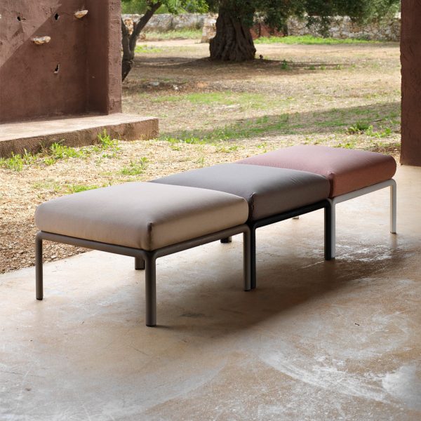Image of row of 3 Komodo outdoor footstools by Nardi, shown in white, taupe and anthracite finishes