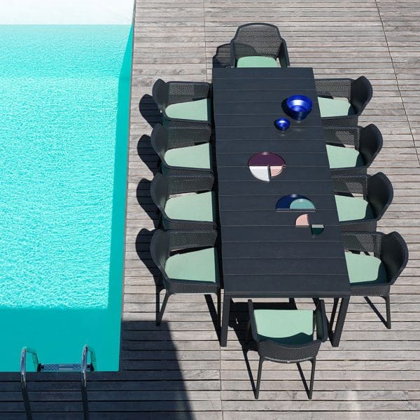 Image of aerial view of Nardi Net anthracite garden armchairs and Rio anthracite dining tale on poolside in the sun