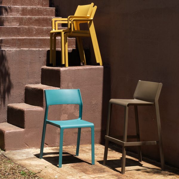 Image of Trill teal coloured garden chair and Trill tobacco coloured bar stool by Nardi
