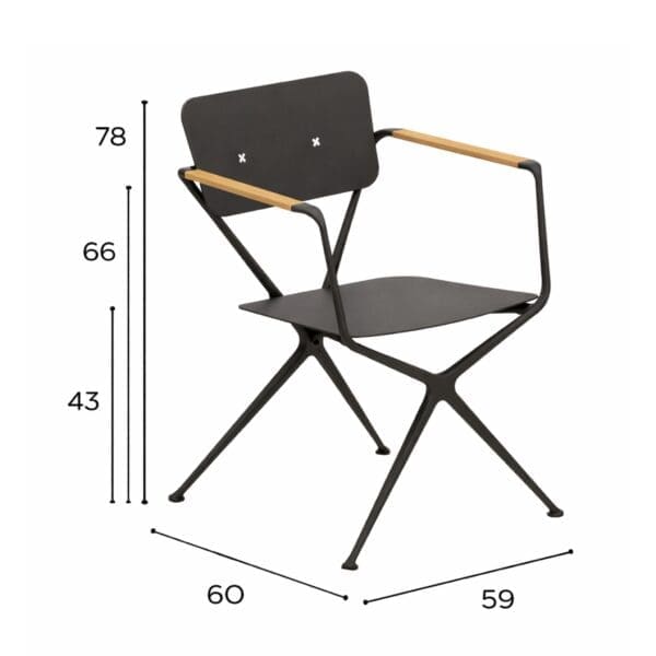 Studio image with dimensions of Royal Botania Exes 55 aluminium garden chair