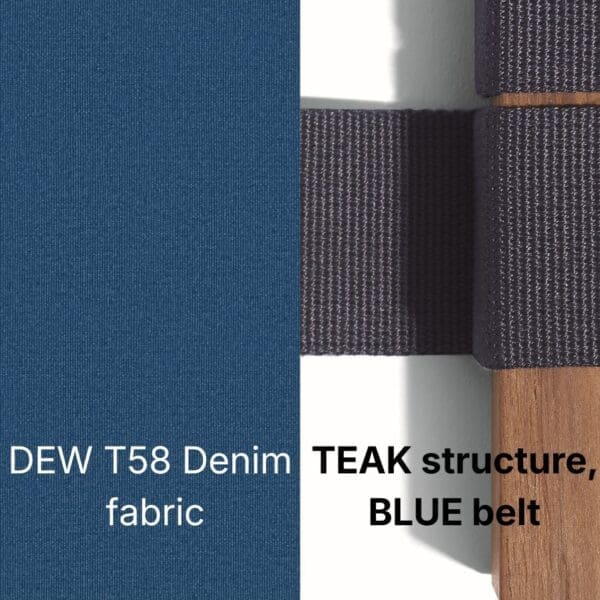 Image of swatch combination for TEAK structure, BLUE belt. Fabric: DEW T58 Denim used for Network furniture
