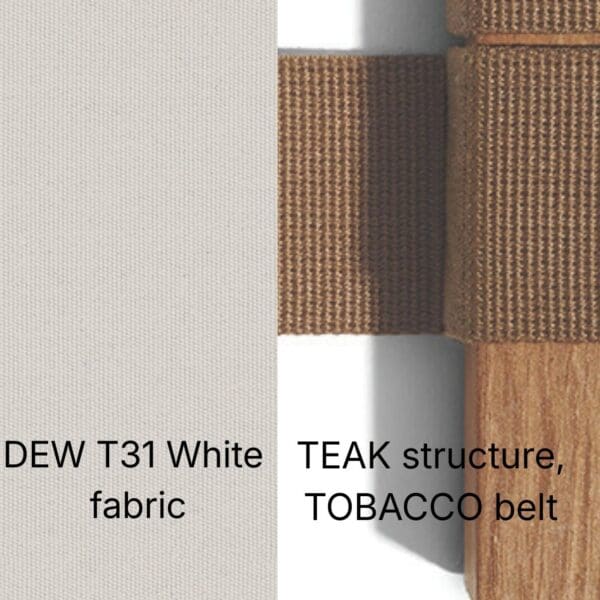 Image of swatch combination of TEAK structure, TOBACCO belt. Fabric: DEW T31 White used for RODA Network furniture