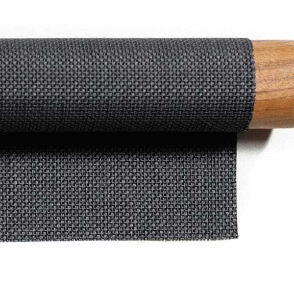 Image of swatch of Grey Batyline fabric and teak used for Teka dining chair by RODA