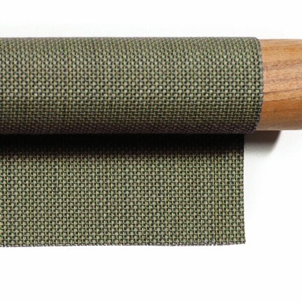 Image of swatch of Olive Batyline fabric and teak used for RODA luxury garden furniture