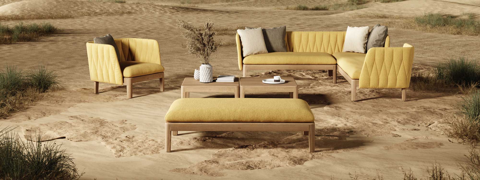 Image of Royal Botania Calypso upholstered teak corner sofa and lounge furniture in sunny sand dunes