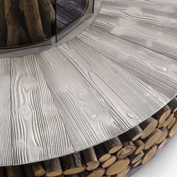 Image of detail of cast aluminum surround with wood-effect grain by AK47 Design, Italy.