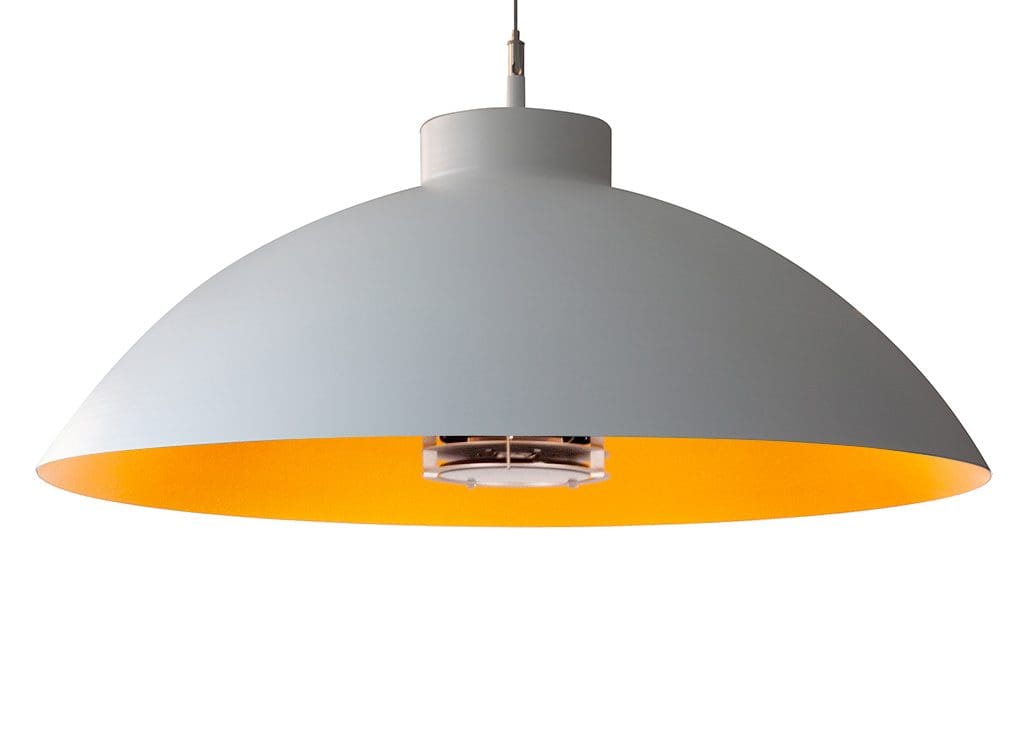 Studio image of white Heatsail Dome Pendant outdoor ceiling heater with light