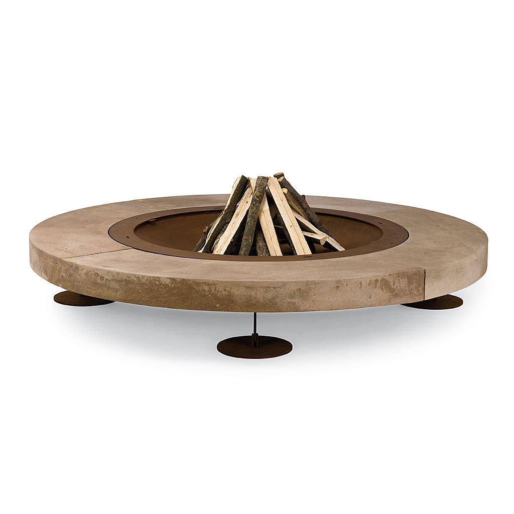 Studio image of Rondo fire pit by AK47 Design, with firewood ready to light in the burning chamber