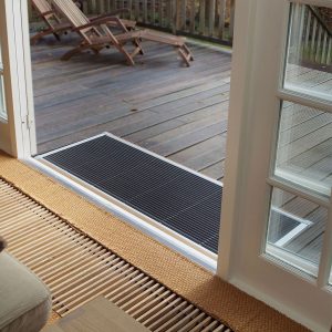 Image of RiZZ The New Standard extra large doormat in anodized aluminium frame with nylon brushes & teak inserts