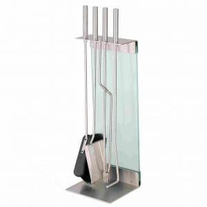 Studio image of Teras modern fire tool set in brushed stainless steel and frosted tempered glass by Conmoto