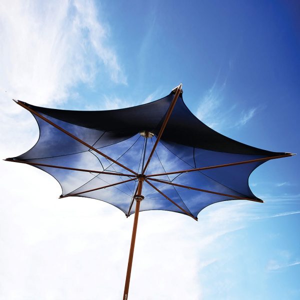Image of underside of Tuuci Ocean Master Max centre post parasol with Aluma-Teak mast and ribs and blue canopy