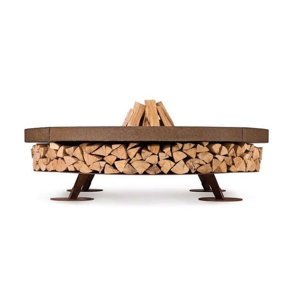 Image of side view of Ercole fire pit with its built-in log storage full of neatly stacked logs