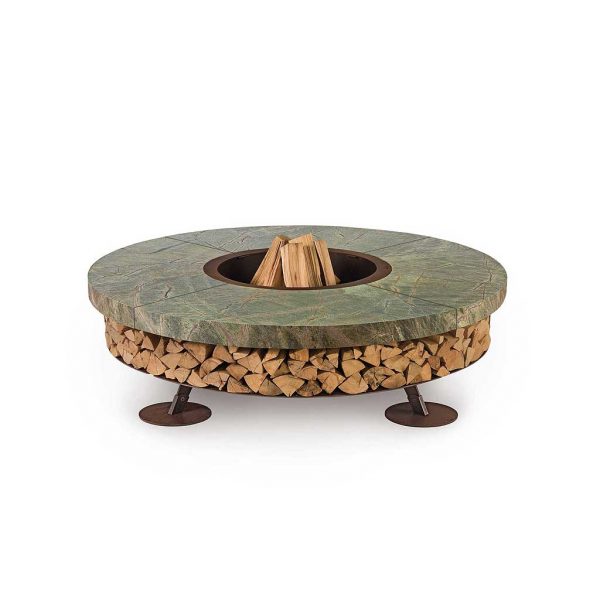 Studio image of Ercole circular fire pit with surround in green rain forest marble and log storage by AK47 Design