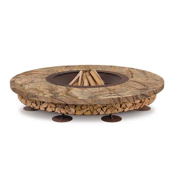 Studio image of rain forest brown marble Ercole fire pit by AK47, with firewood stacked in burning chamber ready to be lit