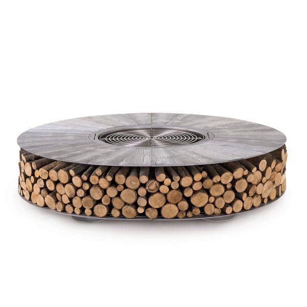 Studio image of AK47 Zero Aluminum round fire pit with stainless steel grill ready for BBQ