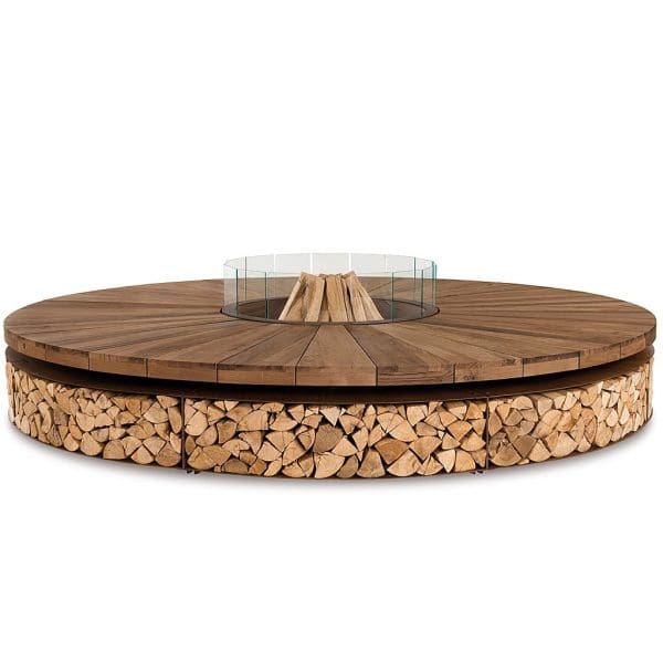 tudio image of Artu 3 metre diameter fire pit in chestnut and vintage brown stainless steel by AK47 Design, Italy