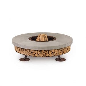 Studio image of Ercole circular fire pit with grey concrete surround by AK47 Design