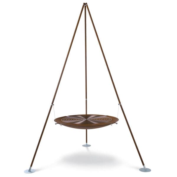 Studio image of AK47 Tripee tripod fire pit in oxidized and galvanized steel