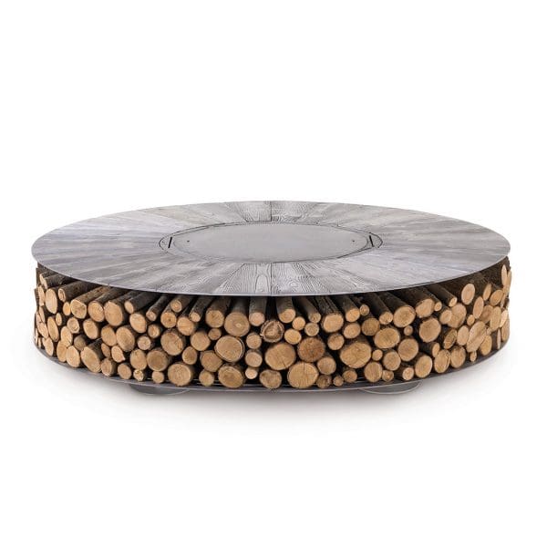 Studio image of AK47 Zero Aluminum fire pit in silver finish with cover plate fitted over burning chamber