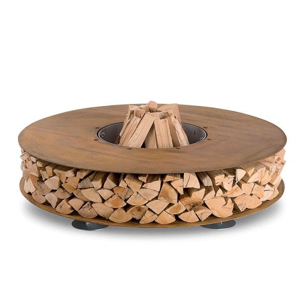 Studio image of AK47 Zero fire pit loaded with firewood inside the integrated log store