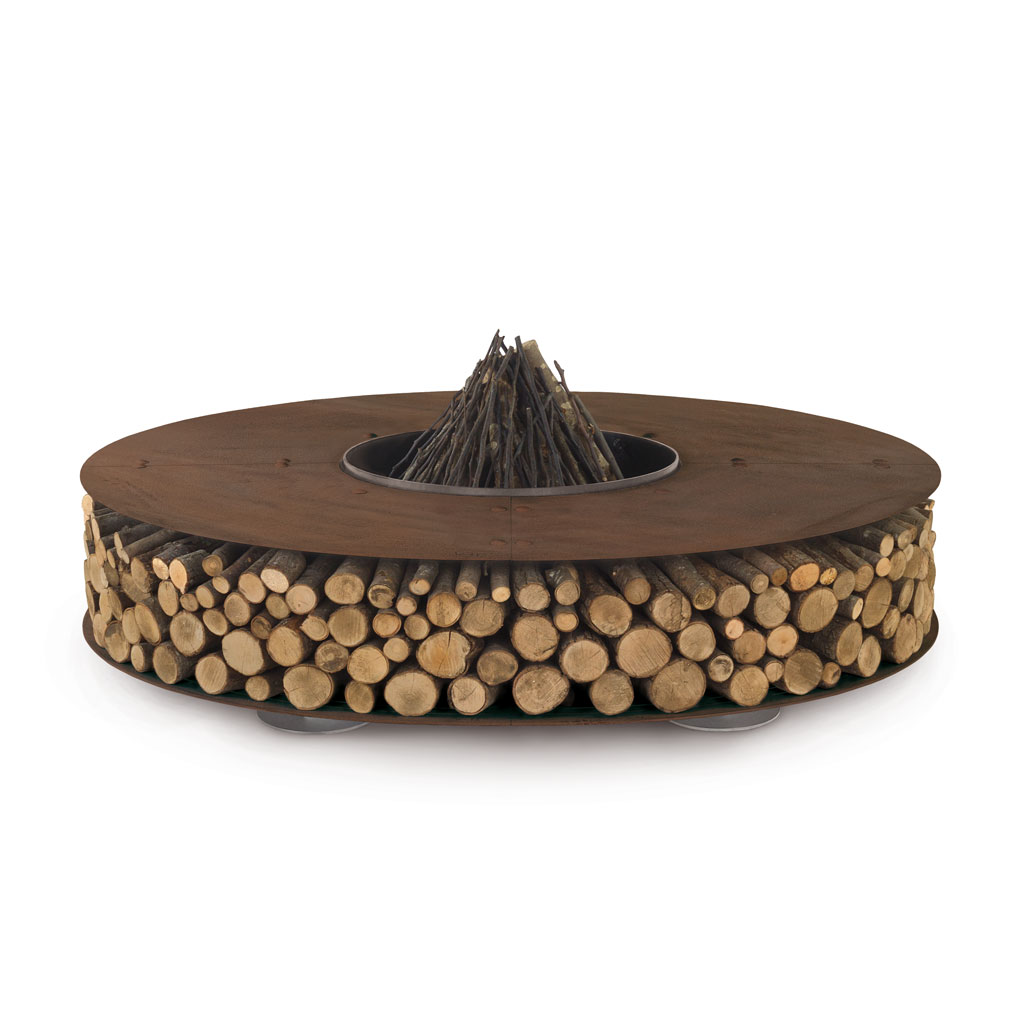 Studio image of AK47 Design Zero circular fire pit with kindling ready to light in the burning chamber