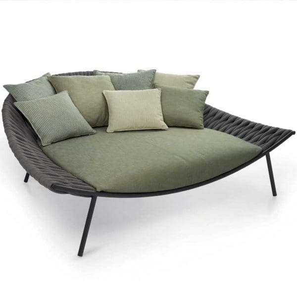 Image of Arena modern garden daybed with grey webbing and olive green cushions