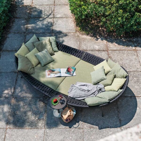 Image of aerial view of pair of Arena daybeds placed together, with grey webbed sides and olive cushions