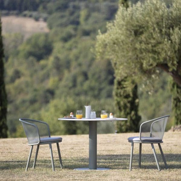 Image of Todus Baza stainless steel garden chairs and Branta modern garden table on scorched grass with trees in background