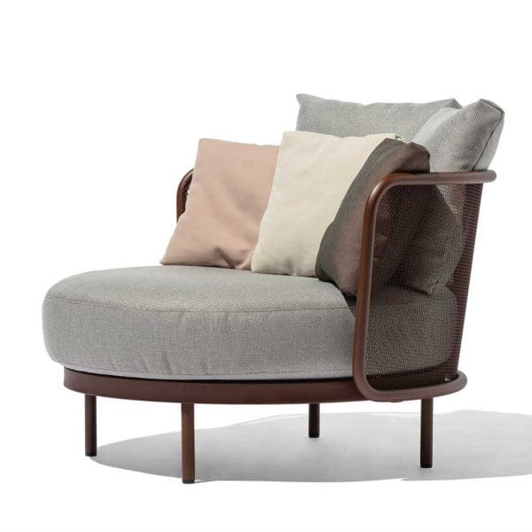 Image of Baza circular garden lounge chair with rust brown colored frame and light grey cushions, designed by Studio Segers for Todus