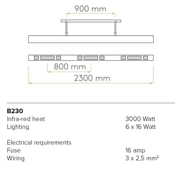 Image of Spec sheet For beem-230-tech. Beem INFRARED Outdoor Heater - MULTIFUNCTIONAL Exterior CEILING HEATER With DIMMABLE LIGHT & MIST COOLING System By HEATSAIL High Quality Garden Heating