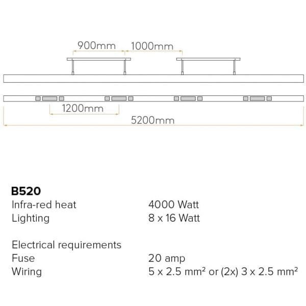 Image of spec sheet for beem-520-tech. Beem INFRARED Outdoor Heater - MULTIFUNCTIONAL Exterior CEILING HEATER With DIMMABLE LIGHT & MIST COOLING System By HEATSAIL High Quality Garden Heating