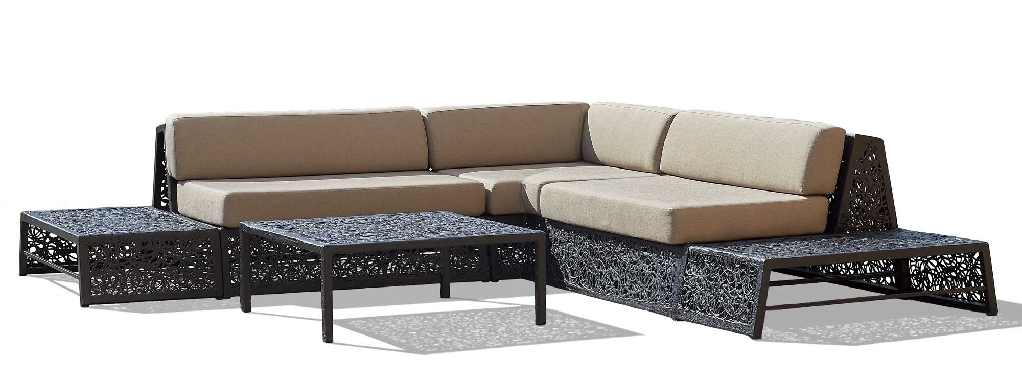Studio image of Bios Lounge garden sofa in black basalt fibre with cappuccino cushions by Unknown Nordic
