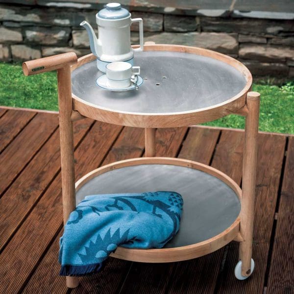 Image of RODA Caddy modern outdoor drinks trolley with coffee pot and cup and saucer on upper stainless steel tray