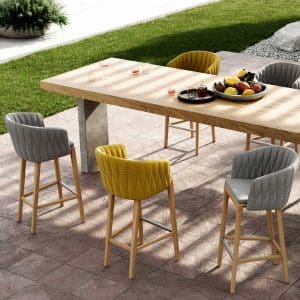 Calypso outdoor bar stool is a modern garden barstool in high quality outdoor furniture materials by Royal Botania all-weather exterior furniture