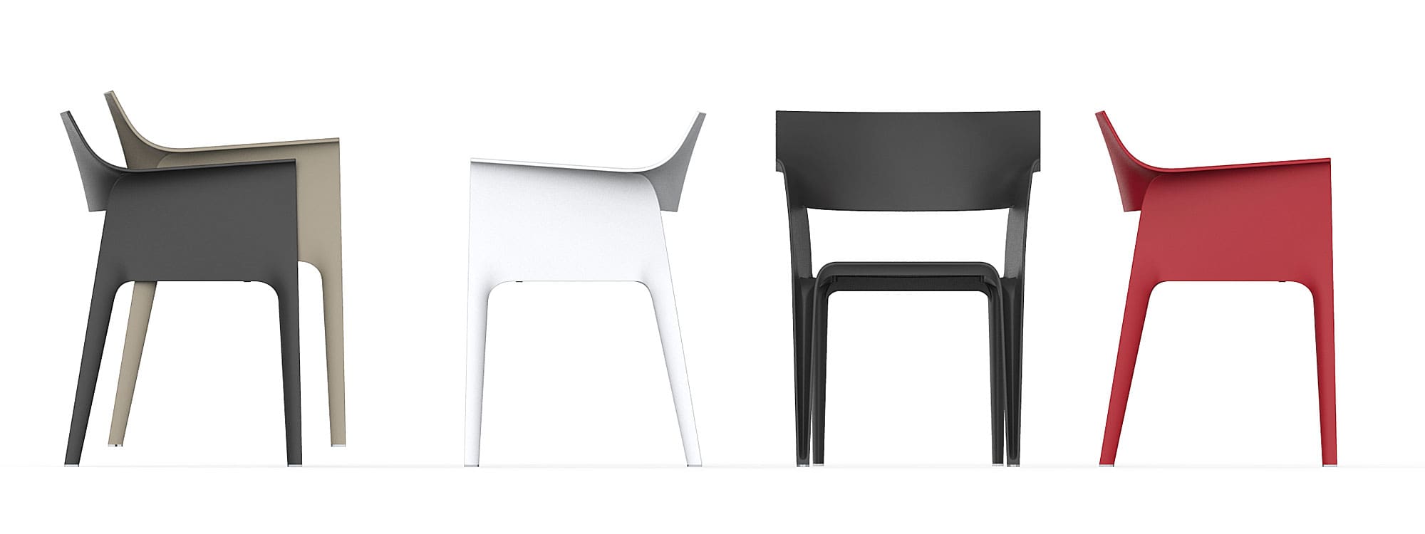 Studio image of different colours of Vondom Pedrera stacking modern plastic chair